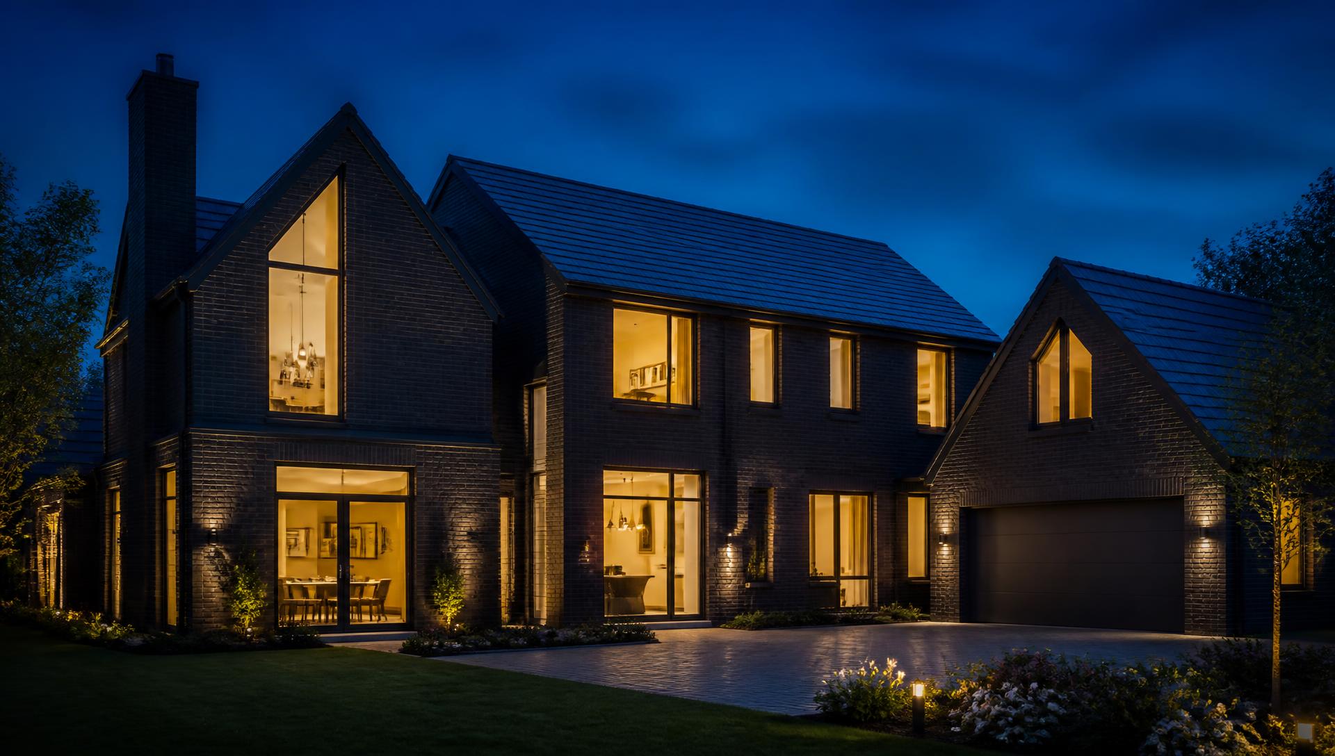 Newly completed pitched tile roof on a UK home at dusk